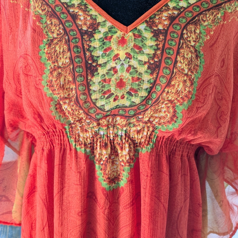 Red and Green Bohemian Tunic Dress/Beach Cover Up/Topper - Picture 5 of 5
